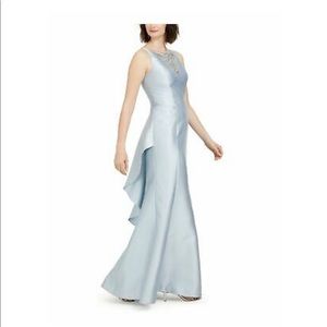 ADRIANNA PAPELL Light Blue Ruffled Satin Formal A-Line Dress